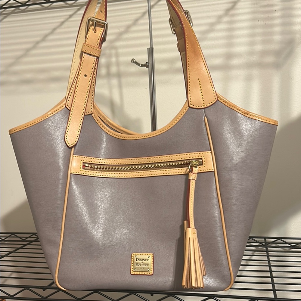 Dooney & Bourke Gray and Tan Leather Tote with Gold Logo New!